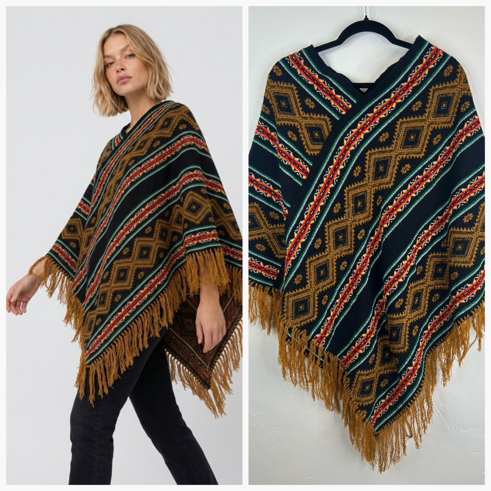 Vintage 70s Embroidered Aztec Southwestern Poncho One Size Boho Hippie Festival